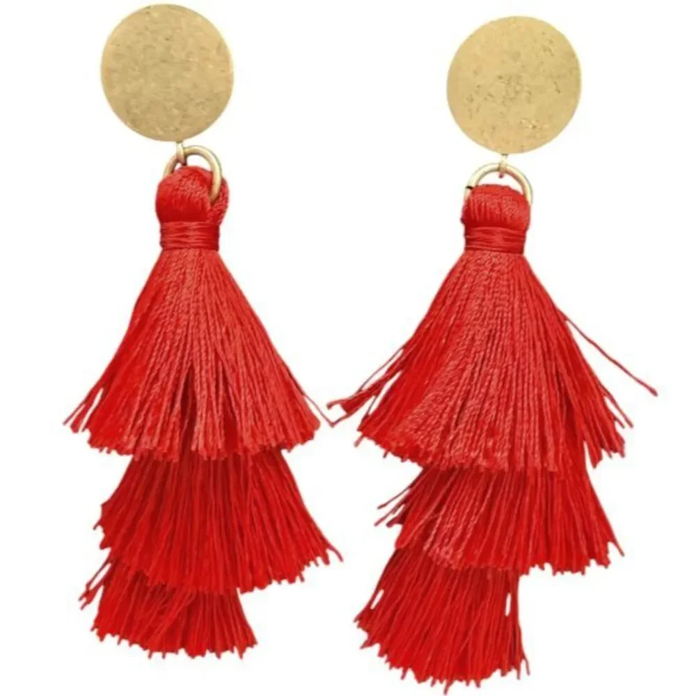 J.Crew Red Three Tier Silky Fringe Tassel Disc Style Drop Statement Earrings